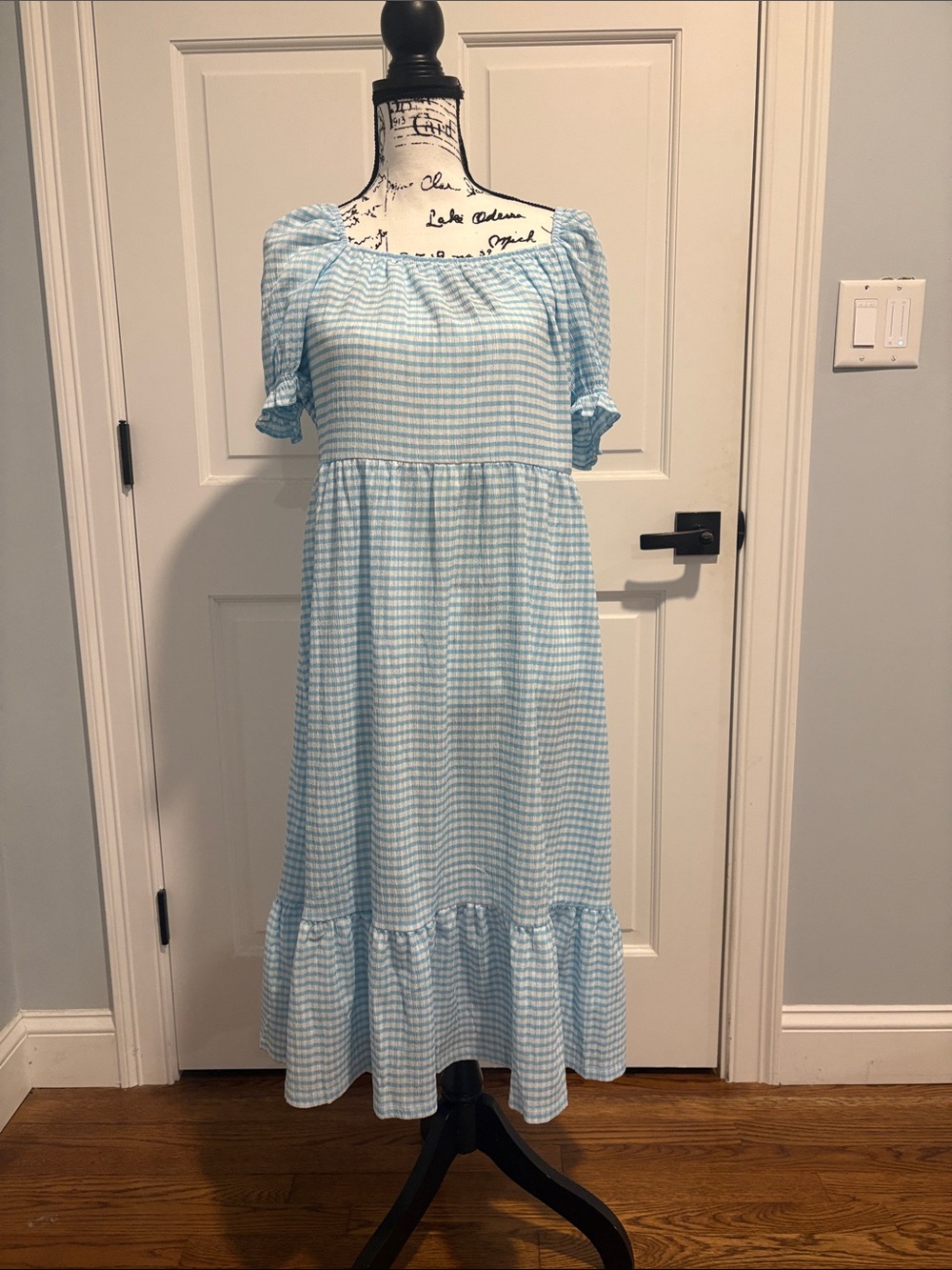 Charter Club Light Blue Gingham Midi Dress with Puff Sleeves PL